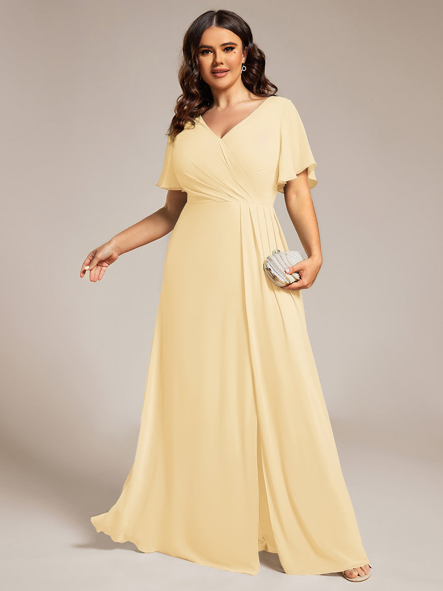 A-Line Ruffle Sleeves and High Slit Chiffon Bridesmaid Dress with V-Neck #color_Yellow