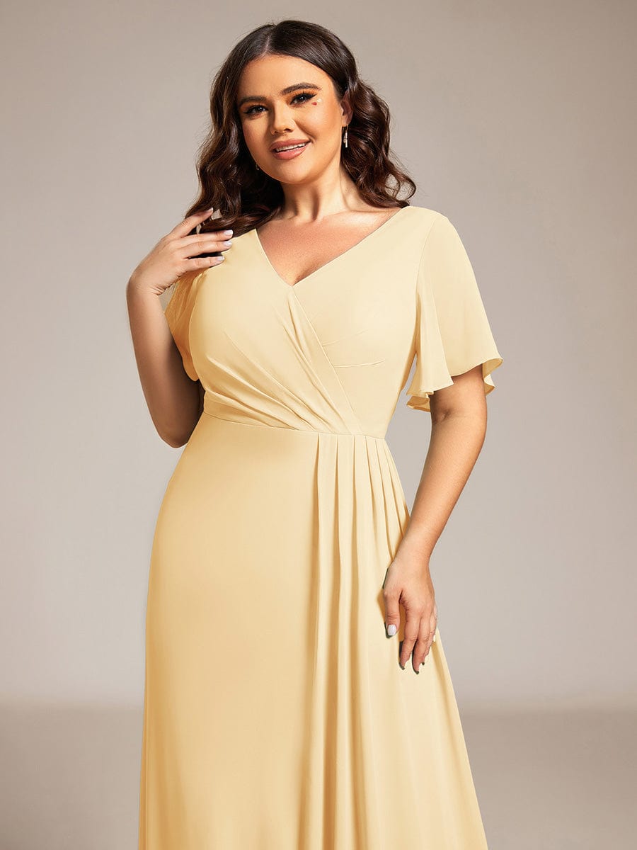 A-Line Ruffle Sleeves and High Slit Chiffon Bridesmaid Dress with V-Neck #color_Yellow