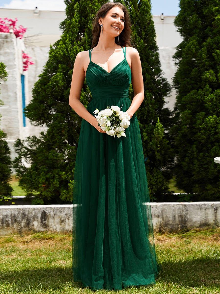 Lace Back Cross-Strap V-Neck Pleated Sleeveless Tulle Bridesmaid Dress #color_Dark Green