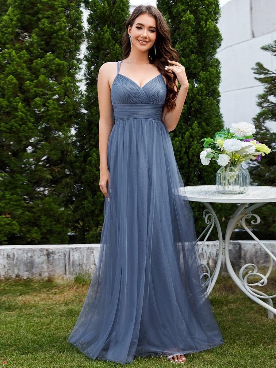 Lace Back Cross-Strap V-Neck Pleated Sleeveless Tulle Bridesmaid Dress #color_Dusty Blue