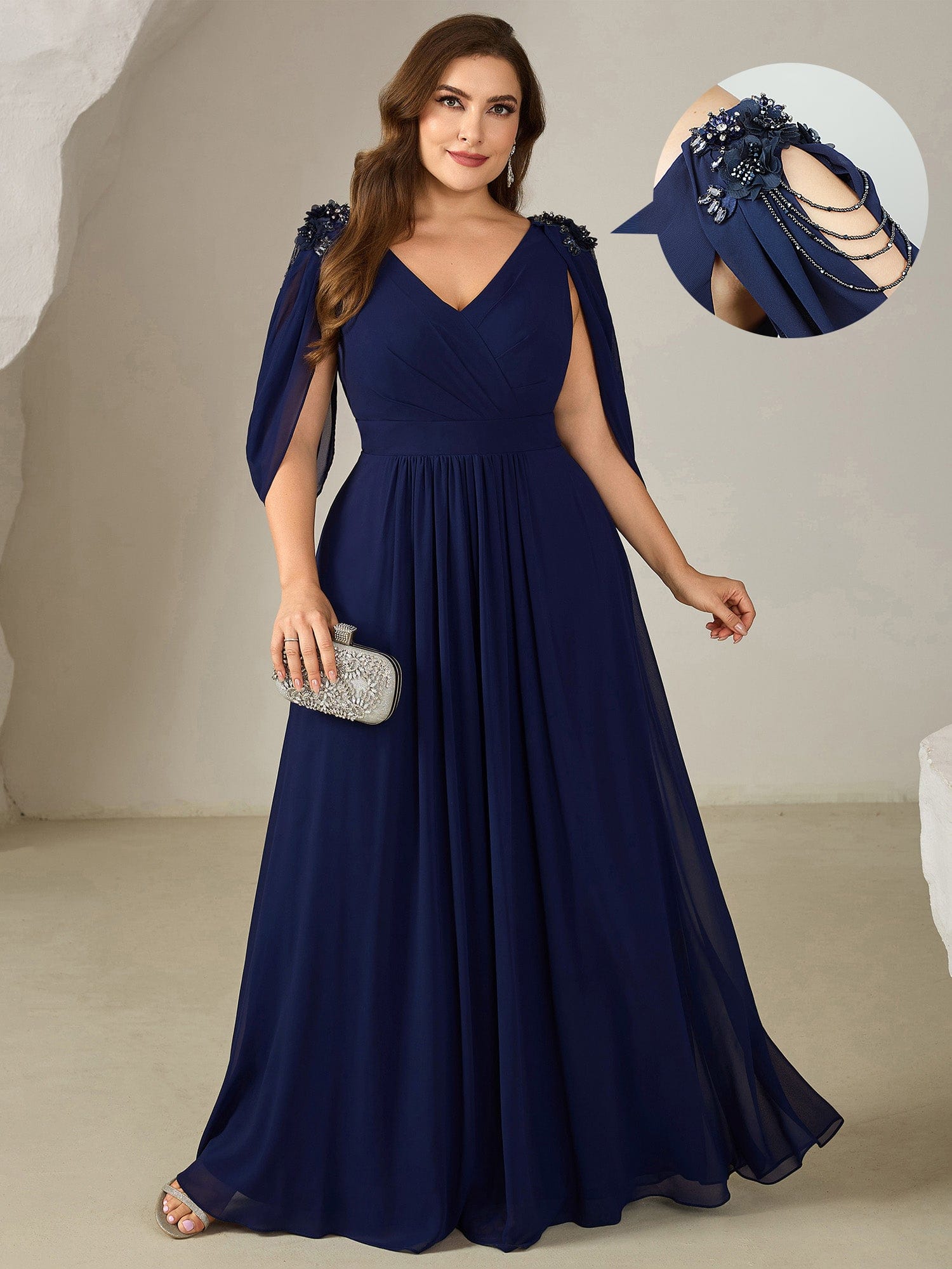 Floral Chiffon Tulip Sleeve Evening Dress #color_Navy Blue