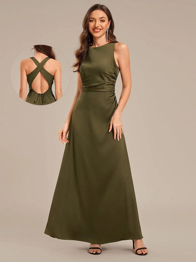 Backless Satin Sleeveless Evening Dress #color_Olive Green