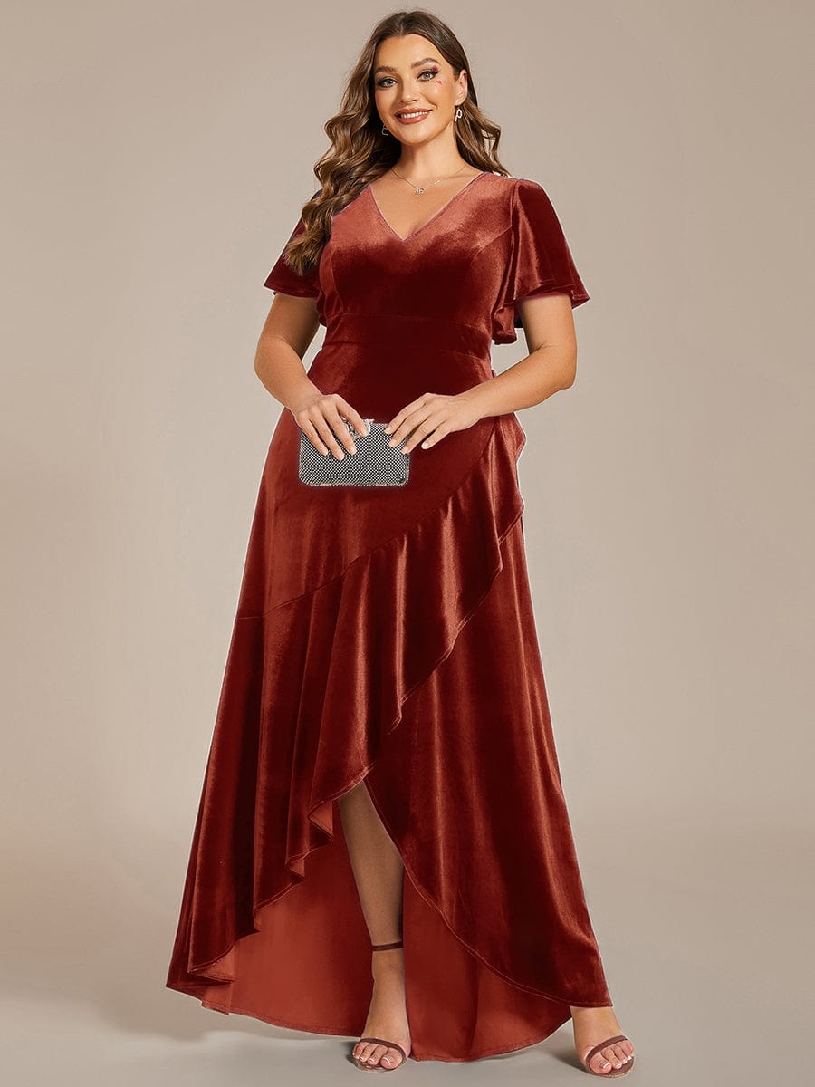 Elegant Double V-Neck Short Sleeves Velvet Evening Dress #color_Brick Red