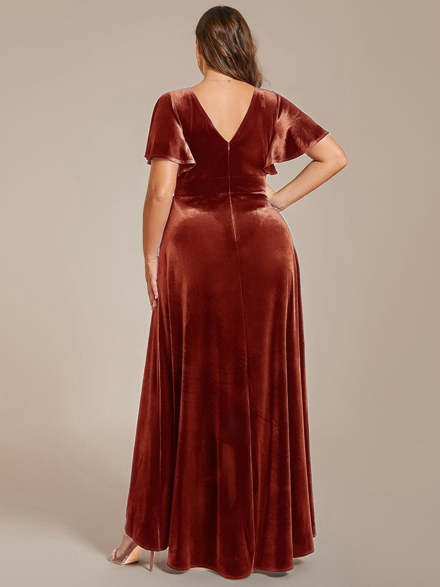 Elegant Double V-Neck Short Sleeves Velvet Evening Dress #color_Brick Red