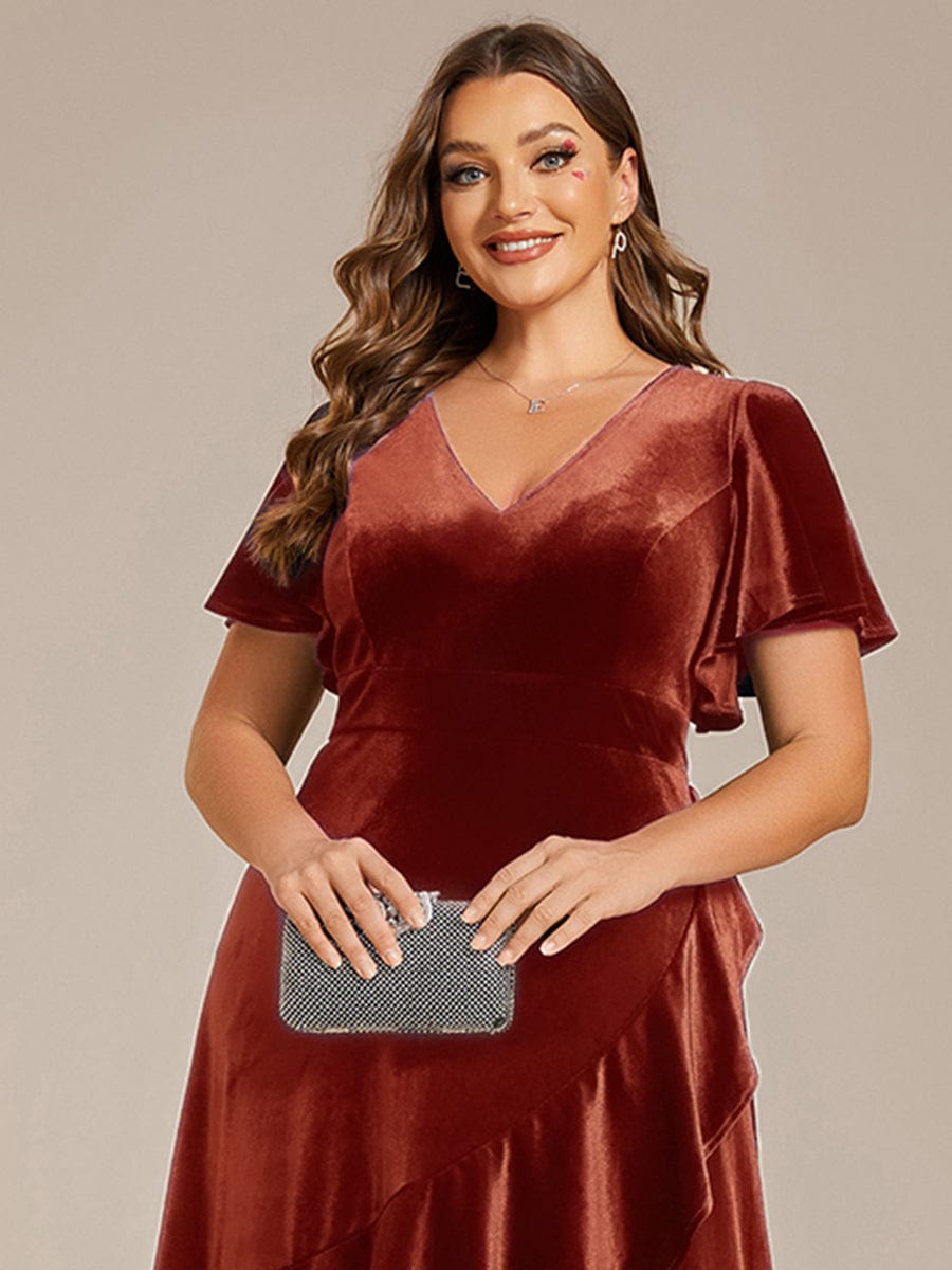 Elegant Double V-Neck Short Sleeves Velvet Evening Dress #color_Brick Red