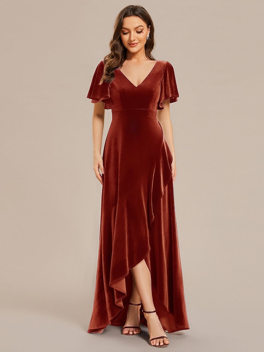 Elegant Double V-Neck Short Sleeves Velvet Evening Dress #color_Brick Red