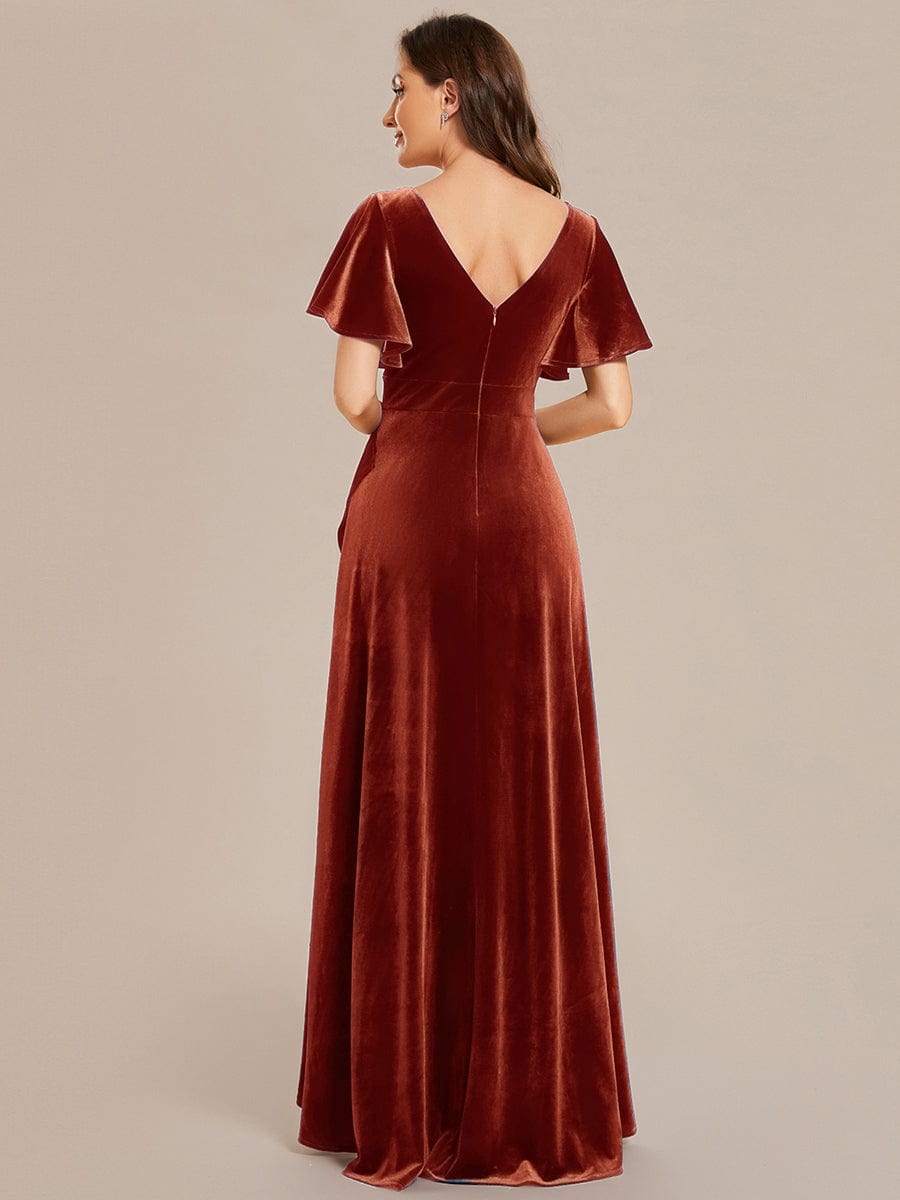 Elegant Double V-Neck Short Sleeves Velvet Evening Dress #color_Brick Red