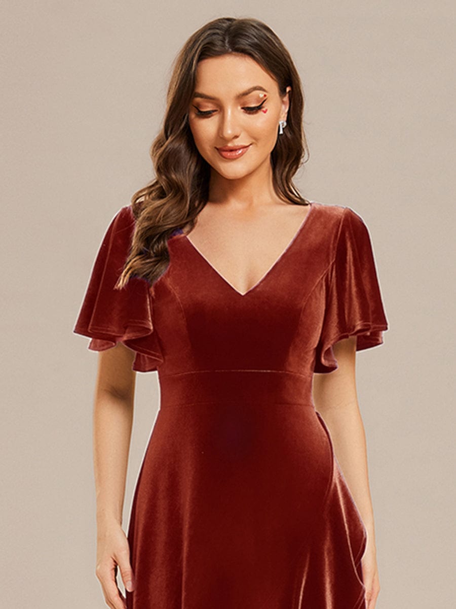 Elegant Double V-Neck Short Sleeves Velvet Evening Dress #color_Brick Red