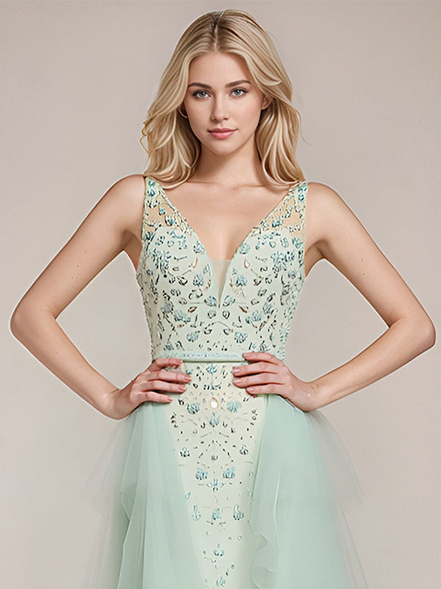 ever MIELLE|Designer Deep V-neck Sequin Tulle Evening Dress