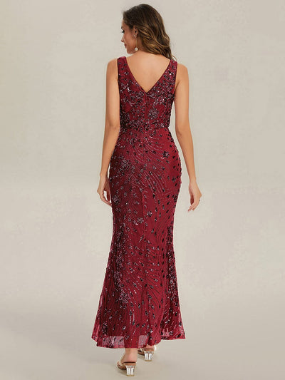 Knotted Sequin Sleeveless Evening Dress #color_Burgundy
