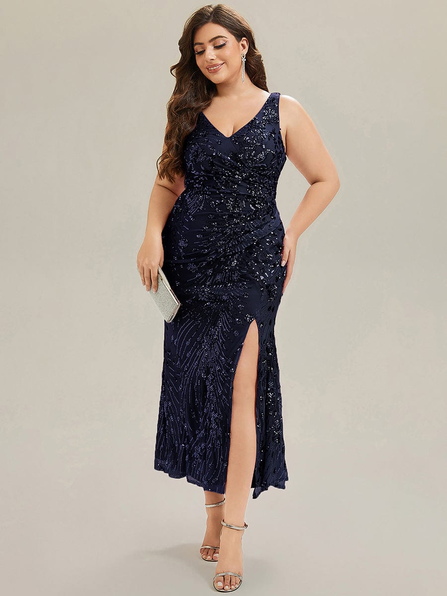 Knotted Sequin Sleeveless Evening Dress #color_Navy Blue