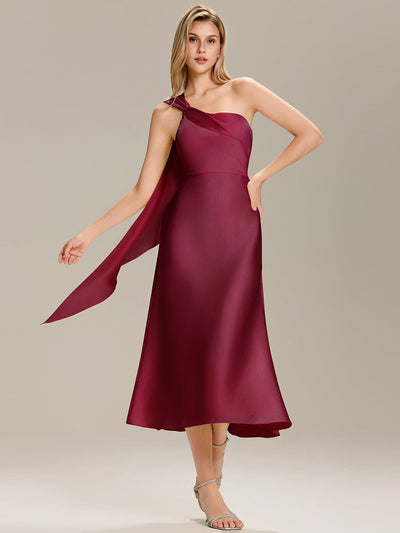 Gathered Satin Sleeveless Wedding Guest Dress #color_Burgundy