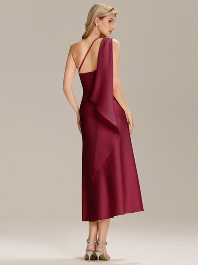 Gathered Satin Sleeveless Wedding Guest Dress #color_Burgundy