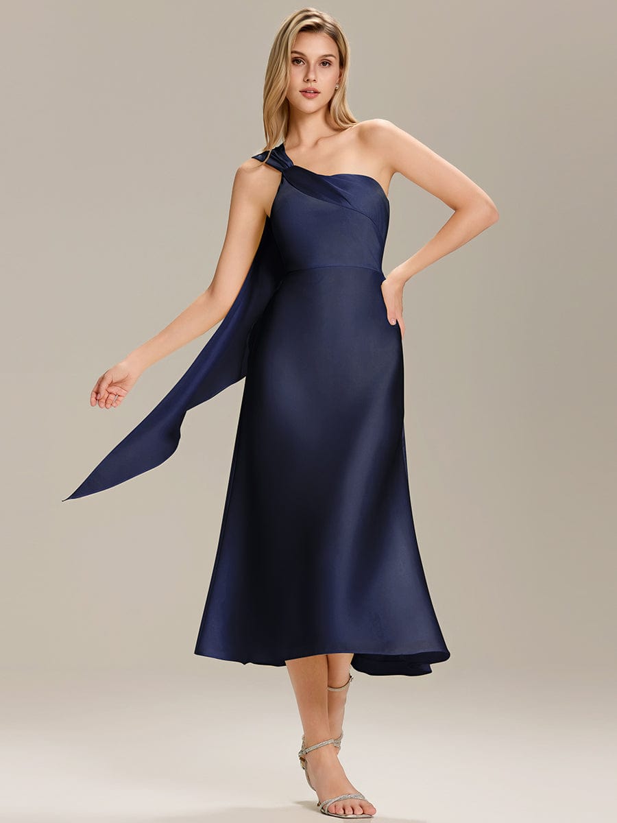 Gathered Satin Sleeveless Wedding Guest Dress #color_Navy Blue