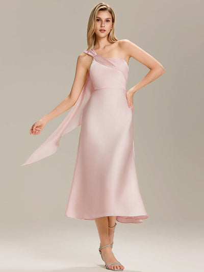 Gathered Satin Sleeveless Wedding Guest Dress #color_Pink