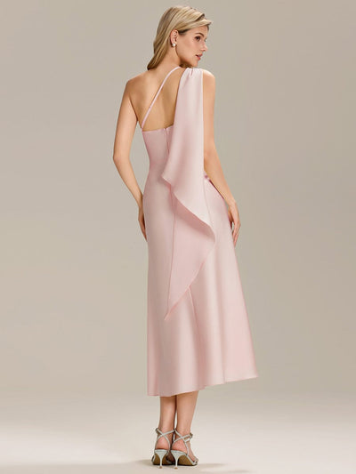 Gathered Satin Sleeveless Wedding Guest Dress #color_Pink