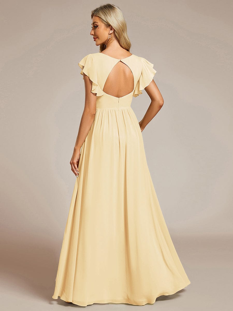 Elegant V-Neck Open Back Chiffon Bridesmaid Dress with Ruffled Sleeves #color_Yellow