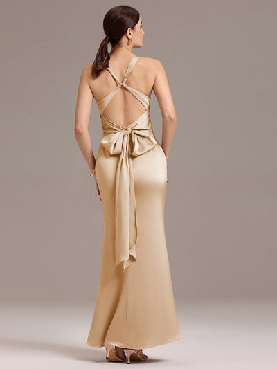 Knot Front Mermaid Cross Back Bow Tie Satin Maxi Bridesmaid Dress #color_Champagne