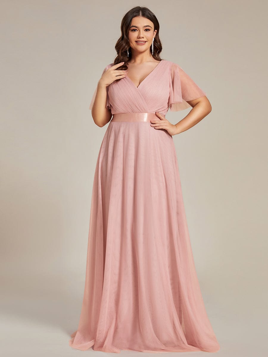 ever MISTE|Double V-Neck Tulle Floor-Length Bridesmaid Dress