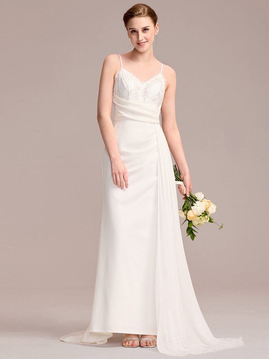 Sleeveless Fishtail Deep V-Neck Embroidered Wedding Dress with Ribbons #color_White
