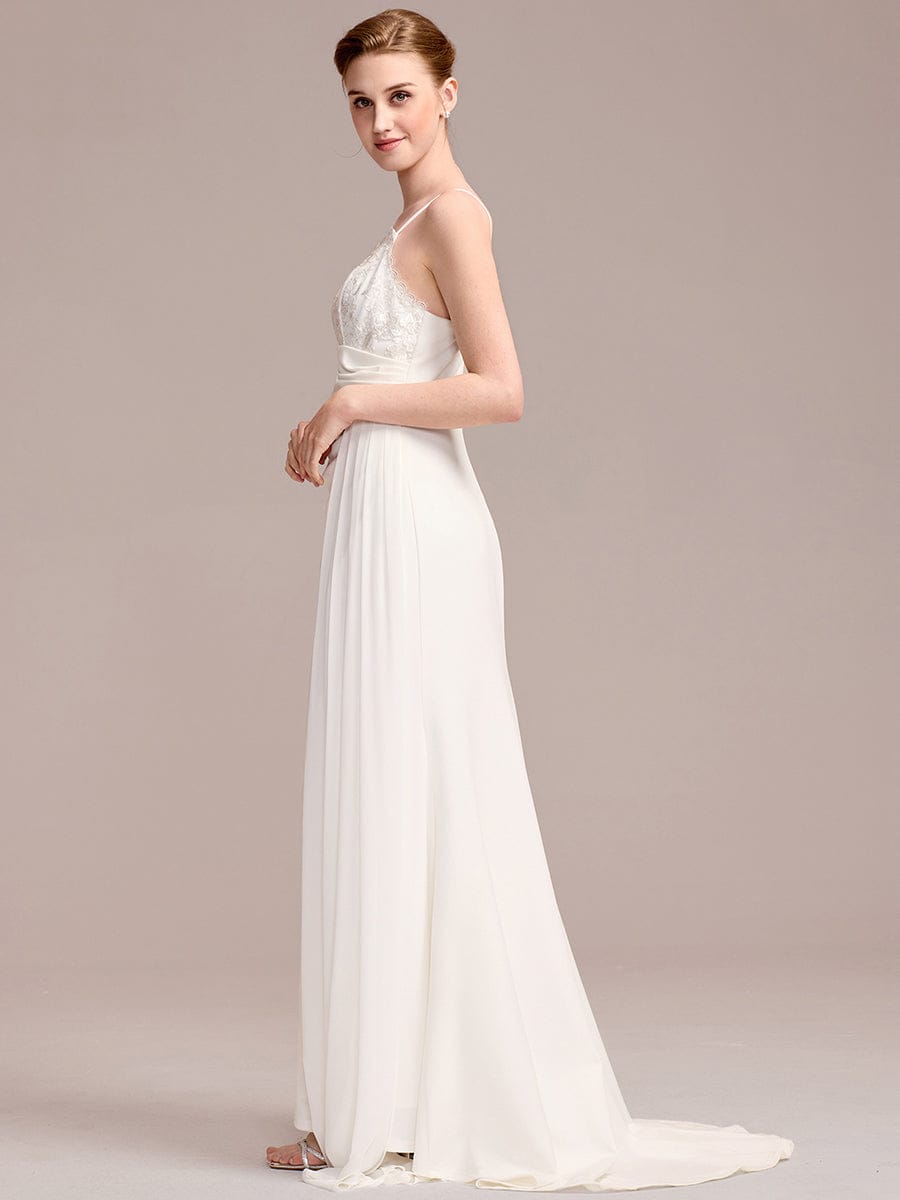 Sleeveless Fishtail Deep V-Neck Embroidered Wedding Dress with Ribbons #color_White
