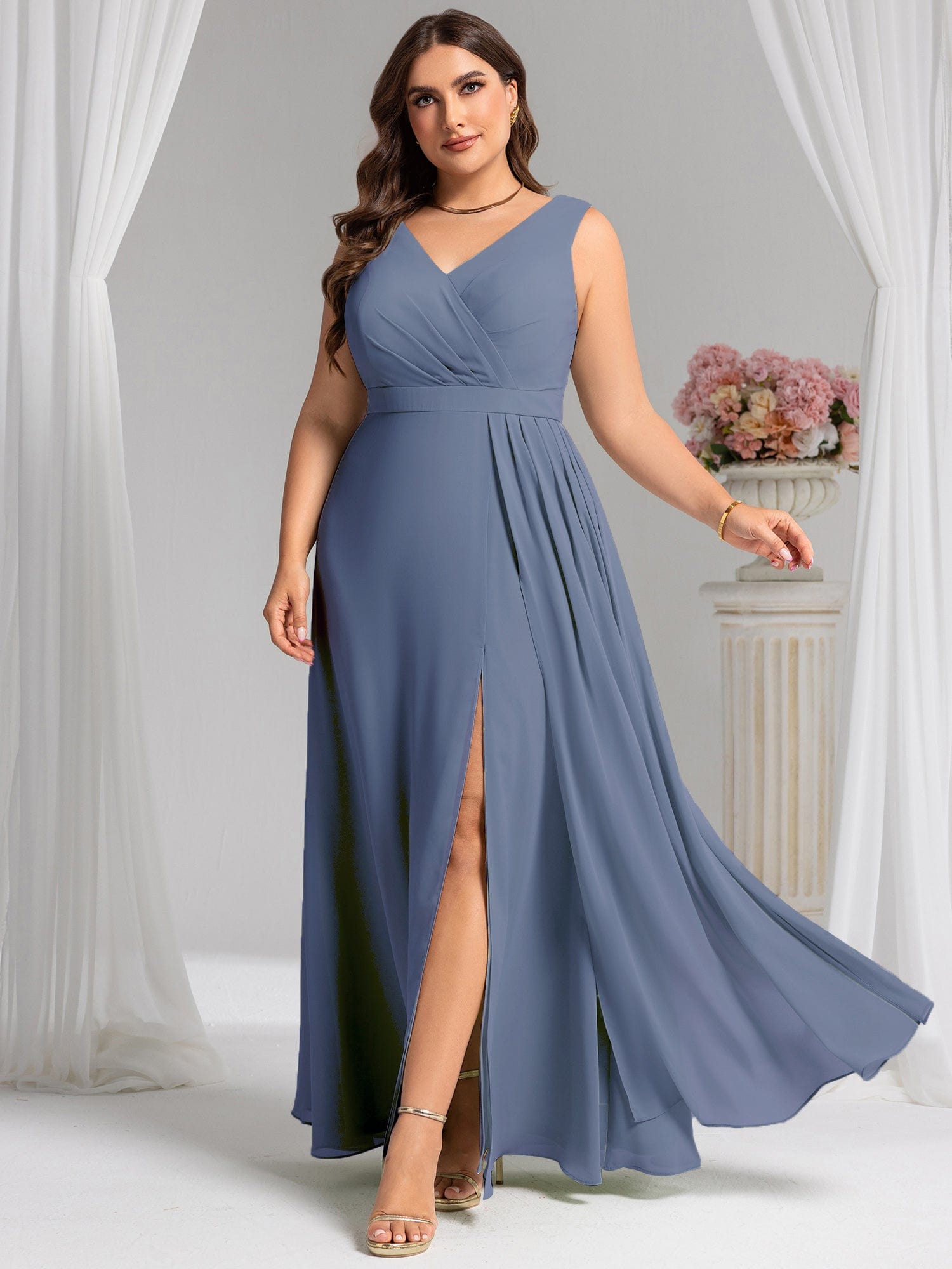 Elegant Side Slit Bridesmaid Dress #color_Dusty Blue