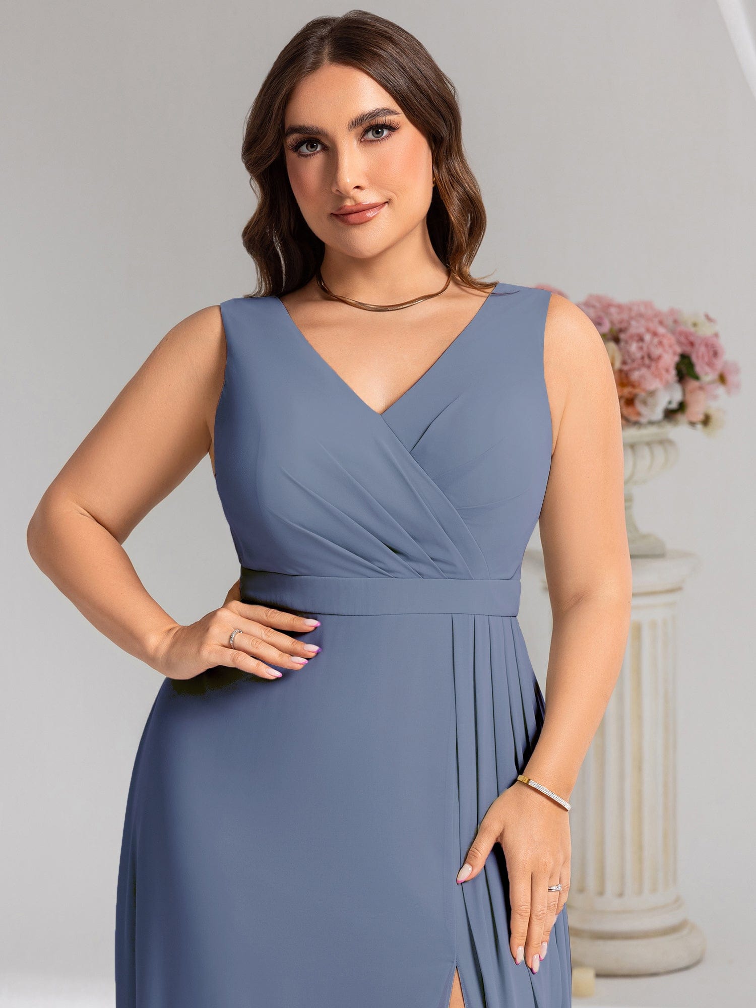 Elegant Side Slit Bridesmaid Dress #color_Dusty Blue