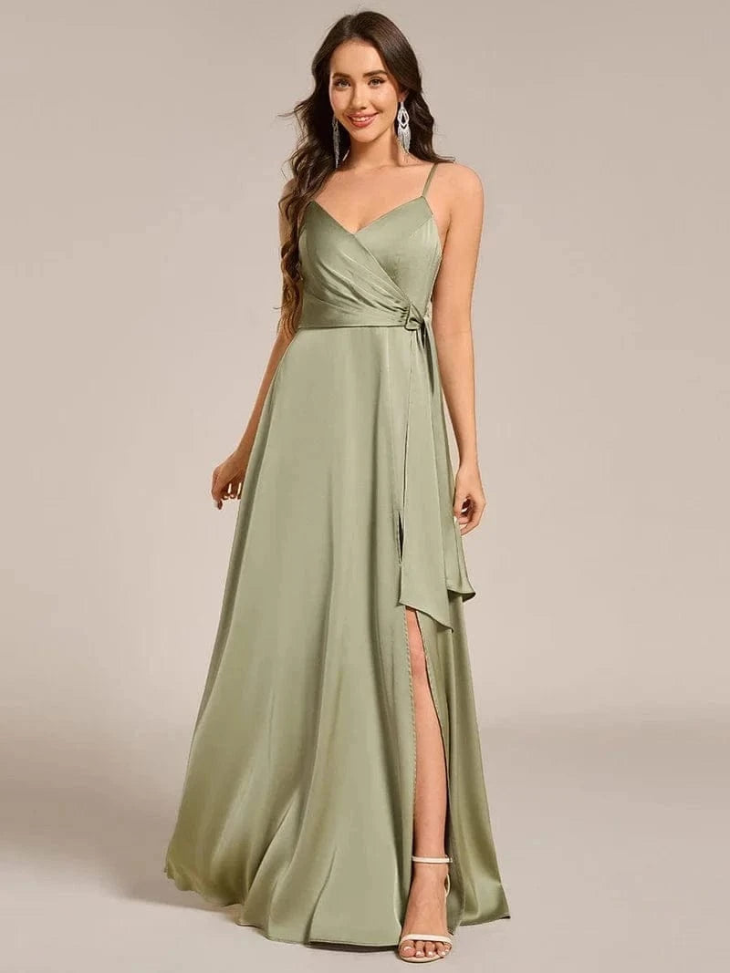 ever IYLA|Wrap-Style Maxi Spaghetti Strap Satin Bridesmaid Dress