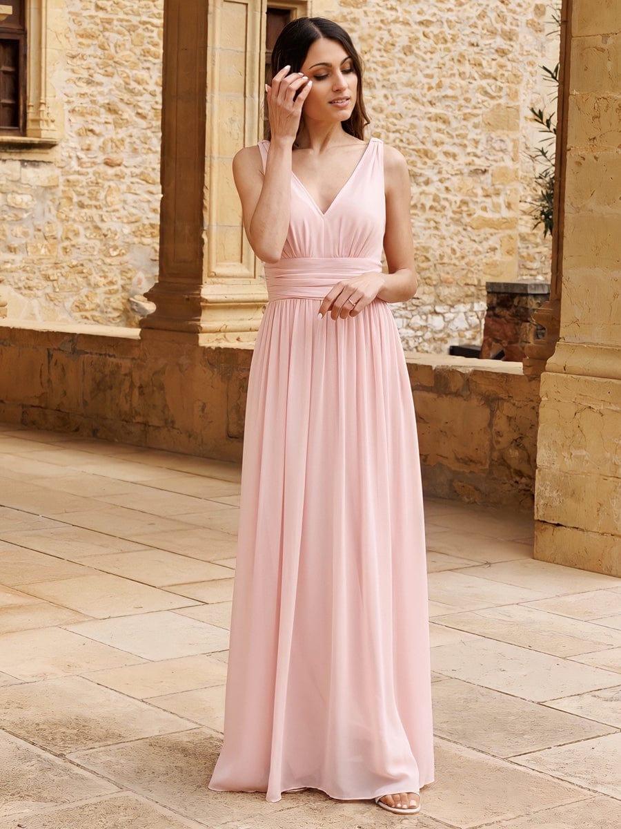 V Neck Sleeveless Pleated Chiffon Evening Dress #color_Pink