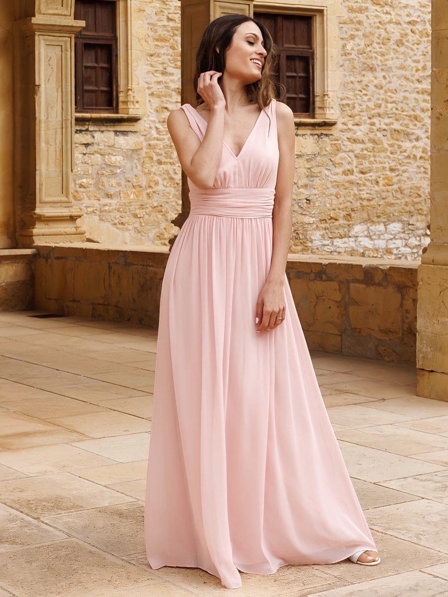 V Neck Sleeveless Pleated Chiffon Evening Dress #color_Pink