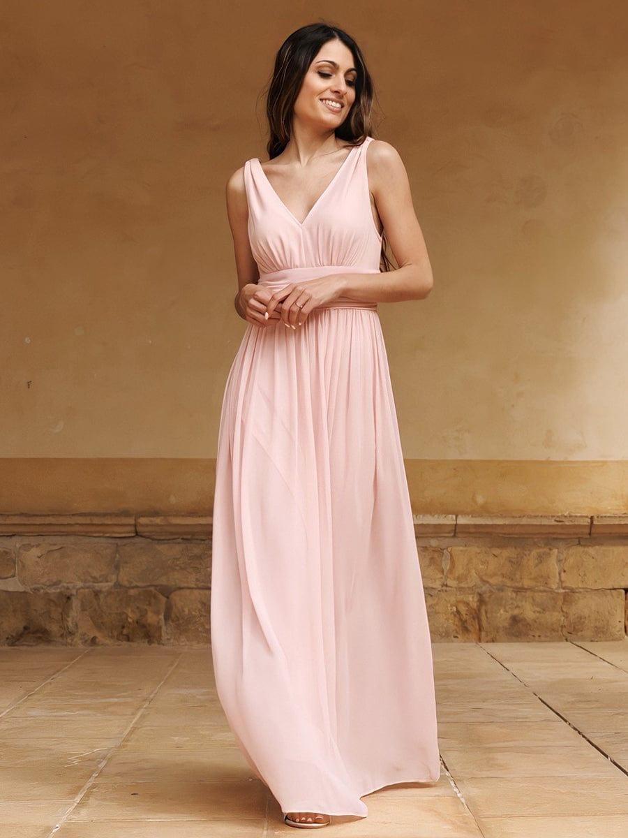V Neck Sleeveless Pleated Chiffon Evening Dress #color_Pink