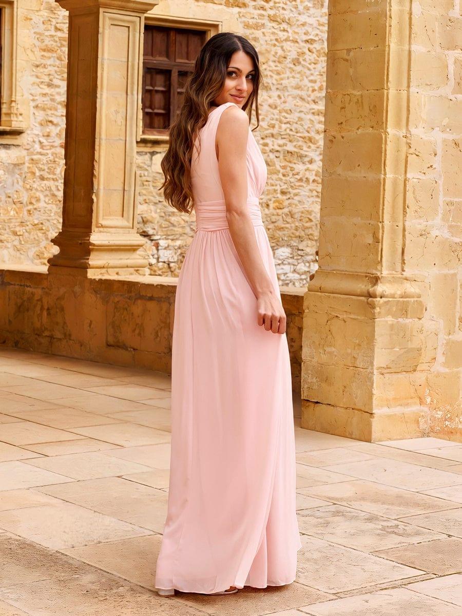 V Neck Sleeveless Pleated Chiffon Evening Dress #color_Pink