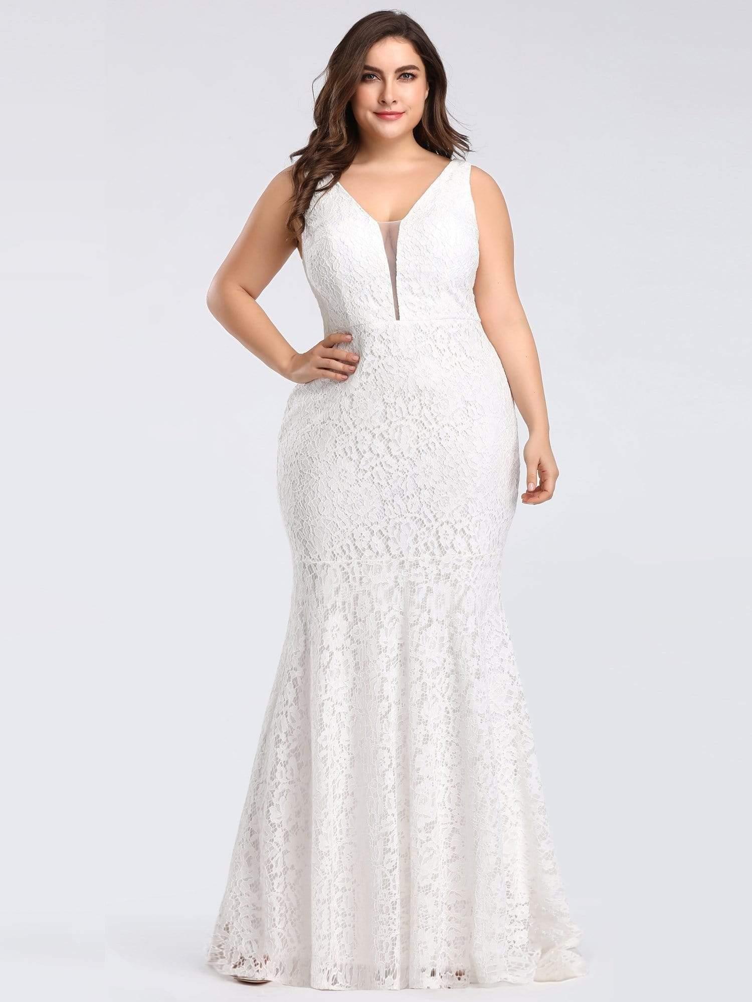 Plus Size V Back Lace Mermaid Evening Dress #color_White Plus Size V Back Lace Mermaid Evening Dress