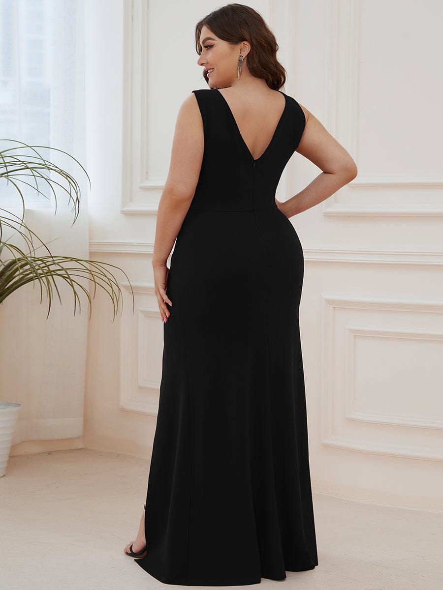 Color=Black | High Front Slit Wrap Waist High Front Slit Knit Evening Dress-Black 7