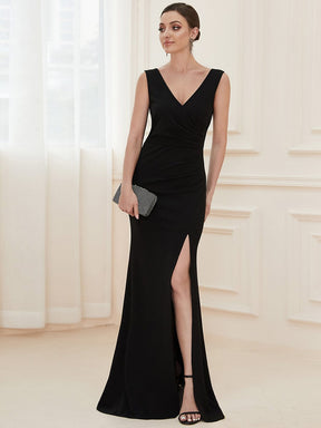 Color=Black | High Front Slit Wrap Waist High Front Slit Knit Evening Dress-Black 1