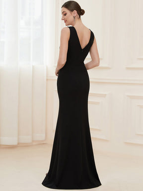 Color=Black | High Front Slit Wrap Waist High Front Slit Knit Evening Dress-Black 2