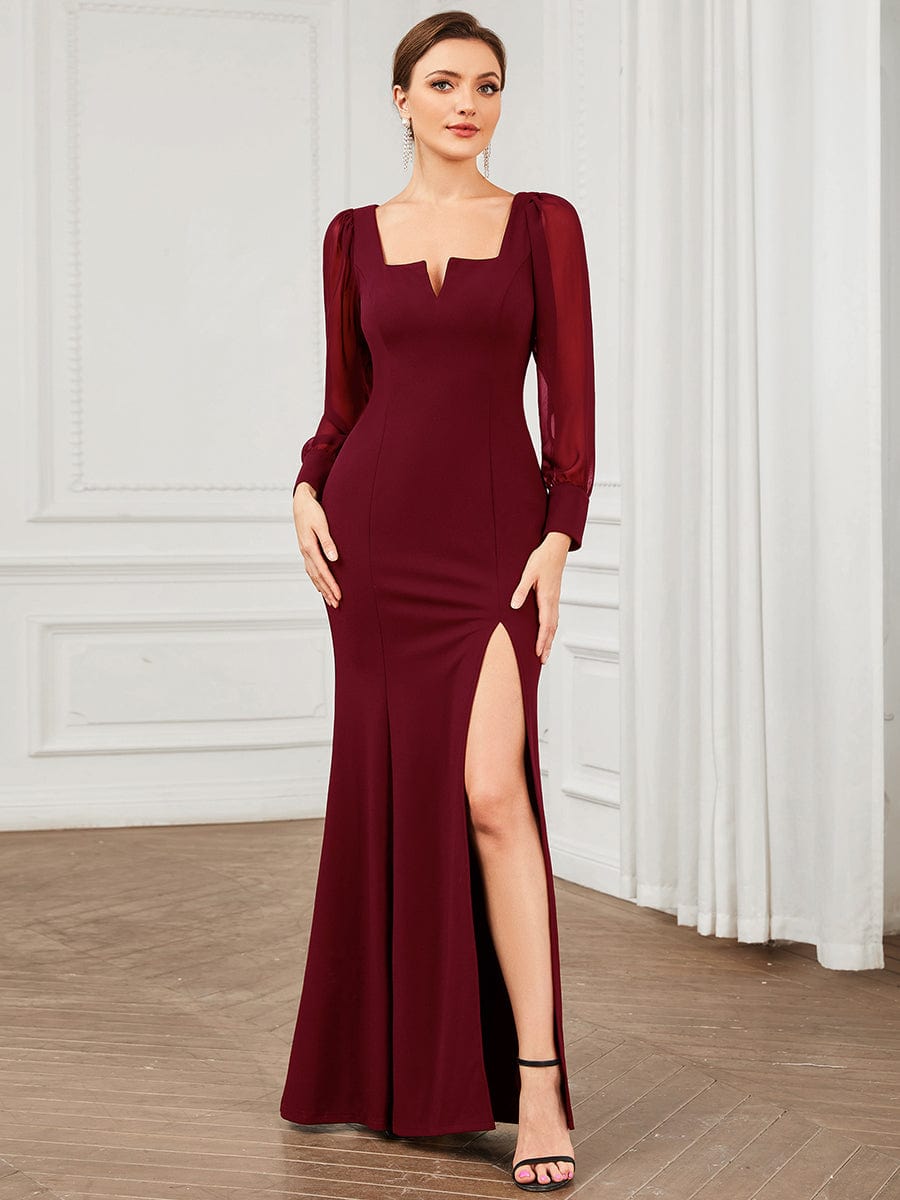 Long Sleeve Square Neck High Stretch Evening Gown with Slit #COLOR_Burgundy