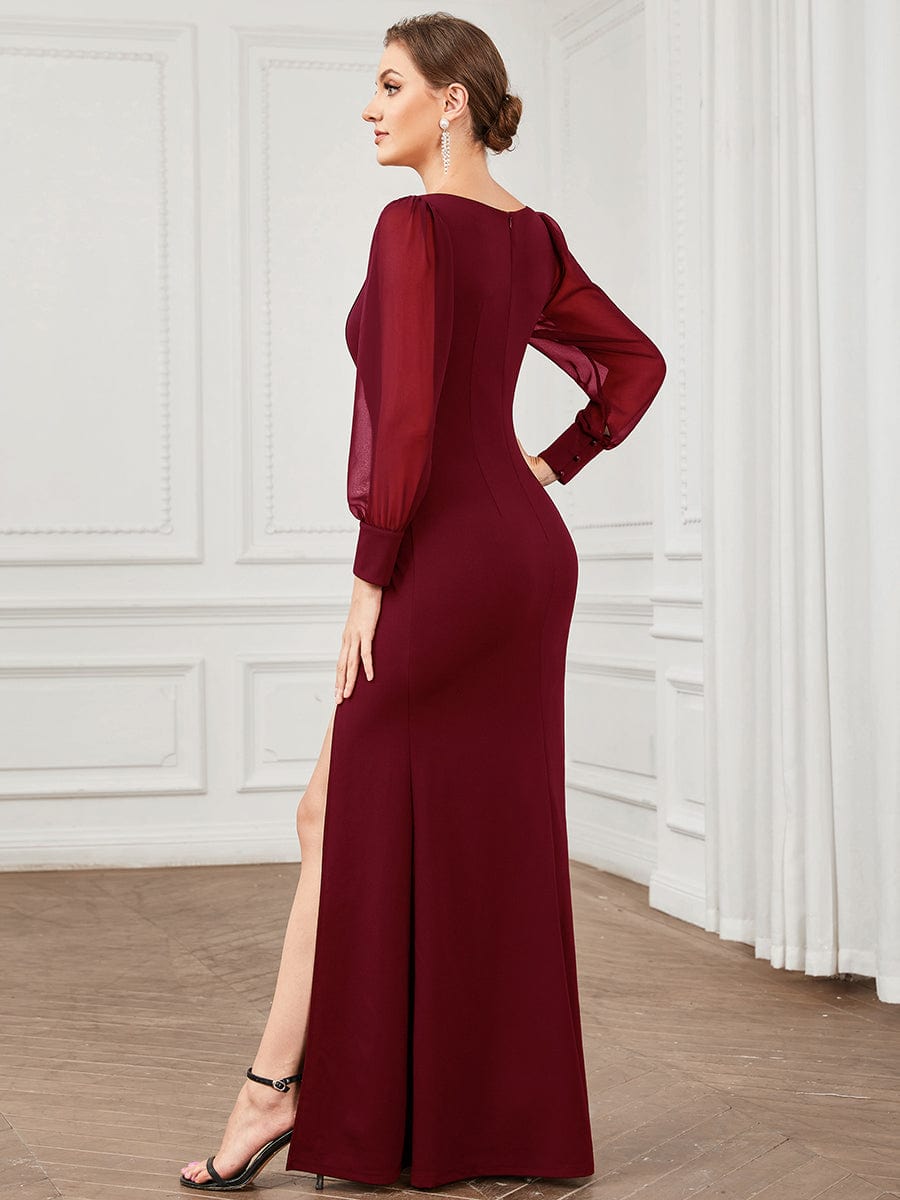 Long Sleeve Square Neck High Stretch Evening Gown with Slit #COLOR_Burgundy
