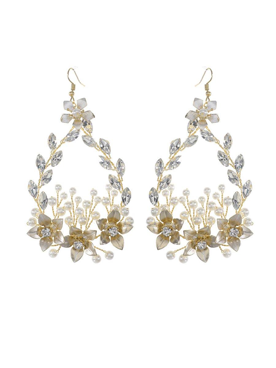 Hollow Waterdrop Shape Imitation Pearl Rhinestone Handmade Earrings #color_Gold Hollow Waterdrop Shape Imitation Pearl Rhinestone Handmade Earrings