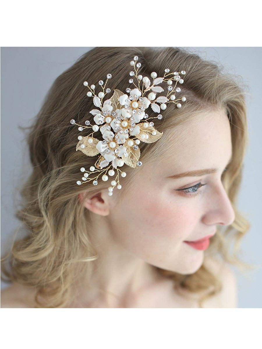 Elegant Floral and Pearl Bridal Hairpin #color_Gold Elegant Floral and Pearl Bridal Hairpin