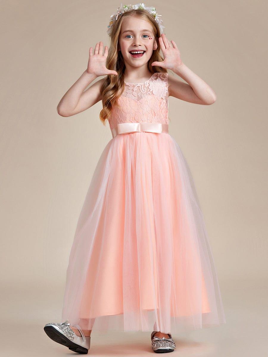 Princess Bow Sleeveless Lace Tulle Flower Girl Dress #color_White Princess Bow Sleeveless Lace Tulle Flower Girl Dress
