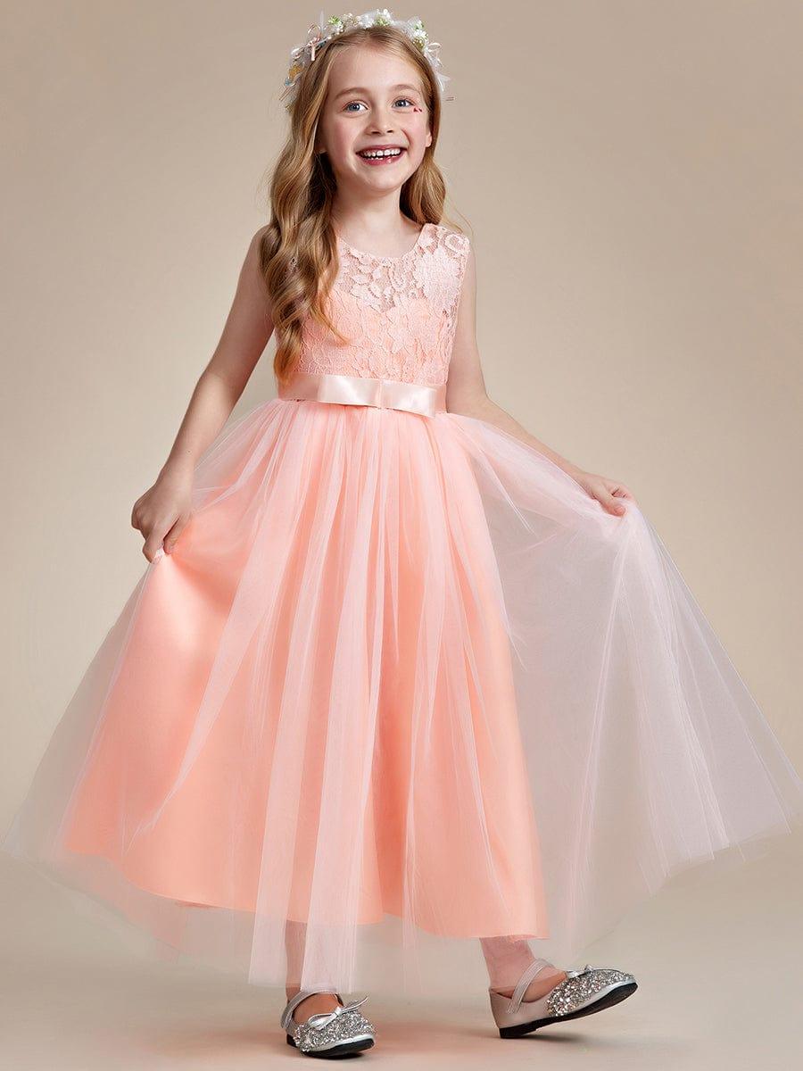 Princess Bow Sleeveless Lace Tulle Flower Girl Dress #color_White Princess Bow Sleeveless Lace Tulle Flower Girl Dress