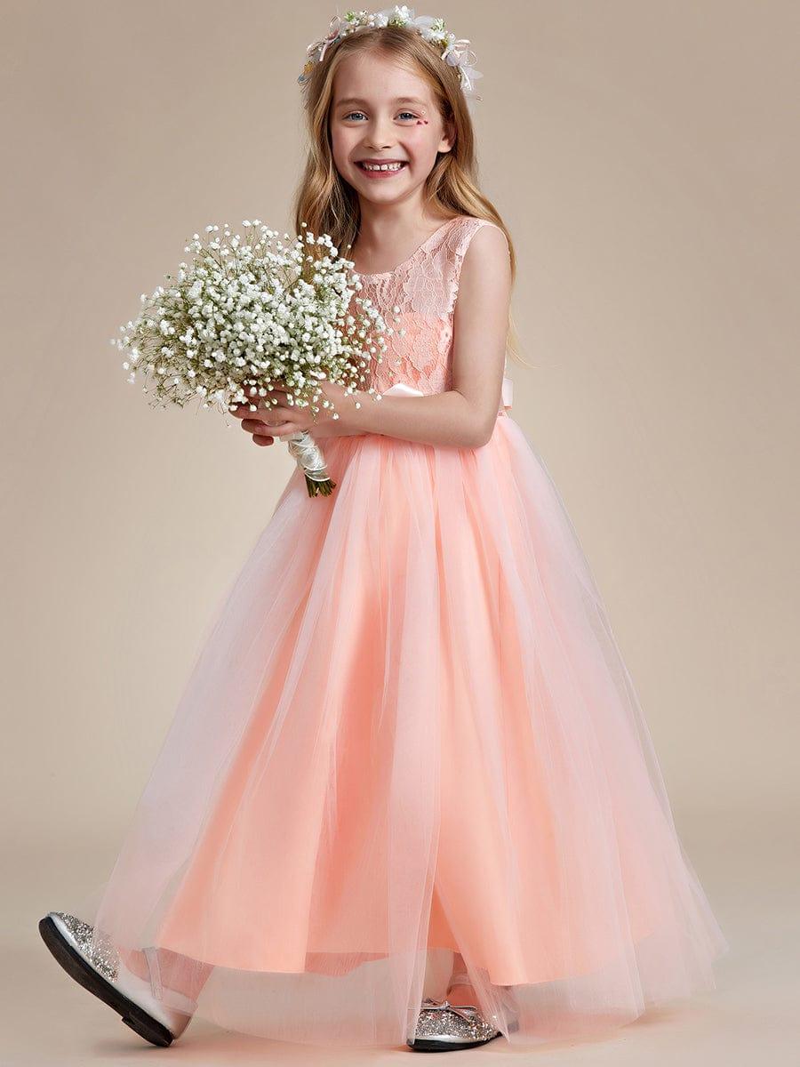Princess Bow Sleeveless Lace Tulle Flower Girl Dress #color_White Princess Bow Sleeveless Lace Tulle Flower Girl Dress