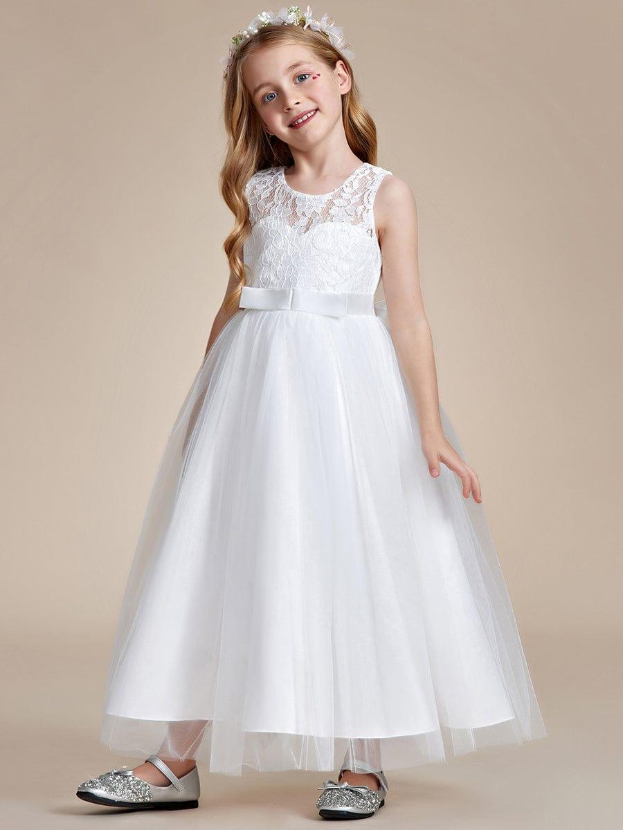Princess Bow Sleeveless Lace Tulle Flower Girl Dress #color_White Princess Bow Sleeveless Lace Tulle Flower Girl Dress