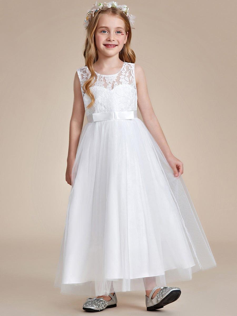Princess Bow Sleeveless Lace Tulle Flower Girl Dress #color_White Princess Bow Sleeveless Lace Tulle Flower Girl Dress