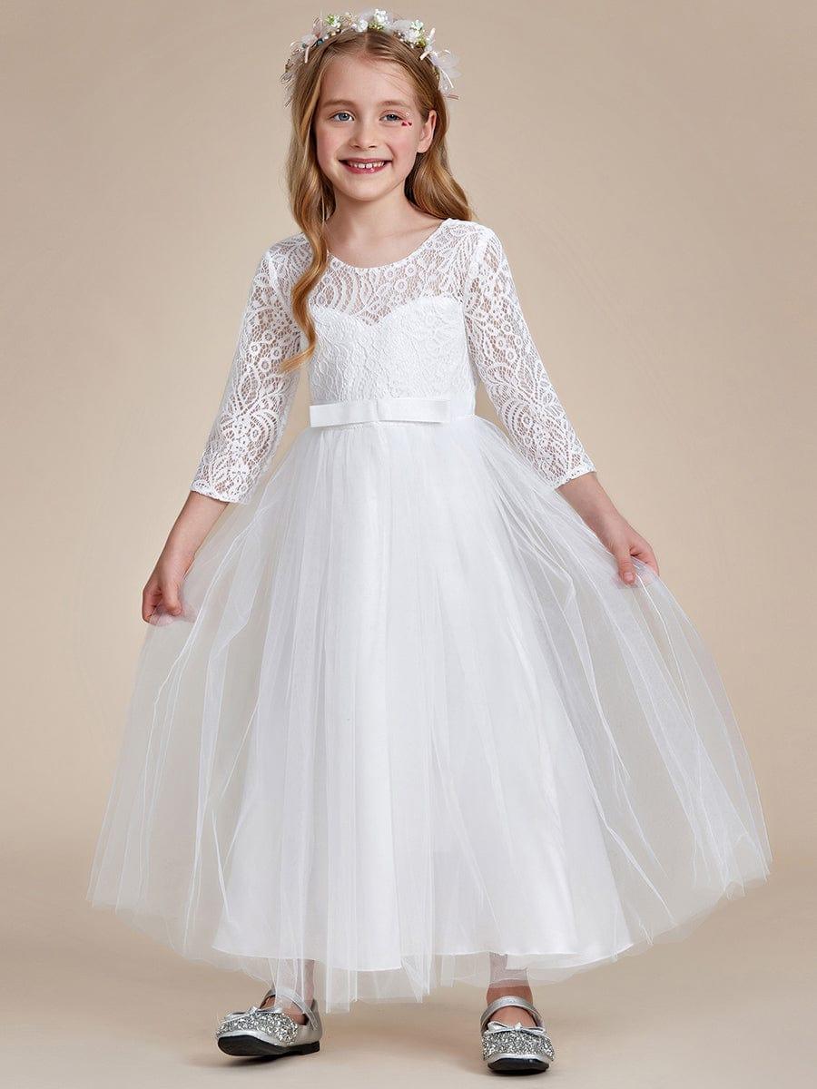 Charming Bow Lace Flower Girl Dress with Long Sleeves #color_White Charming Bow Lace Flower Girl Dress with Long Sleeves