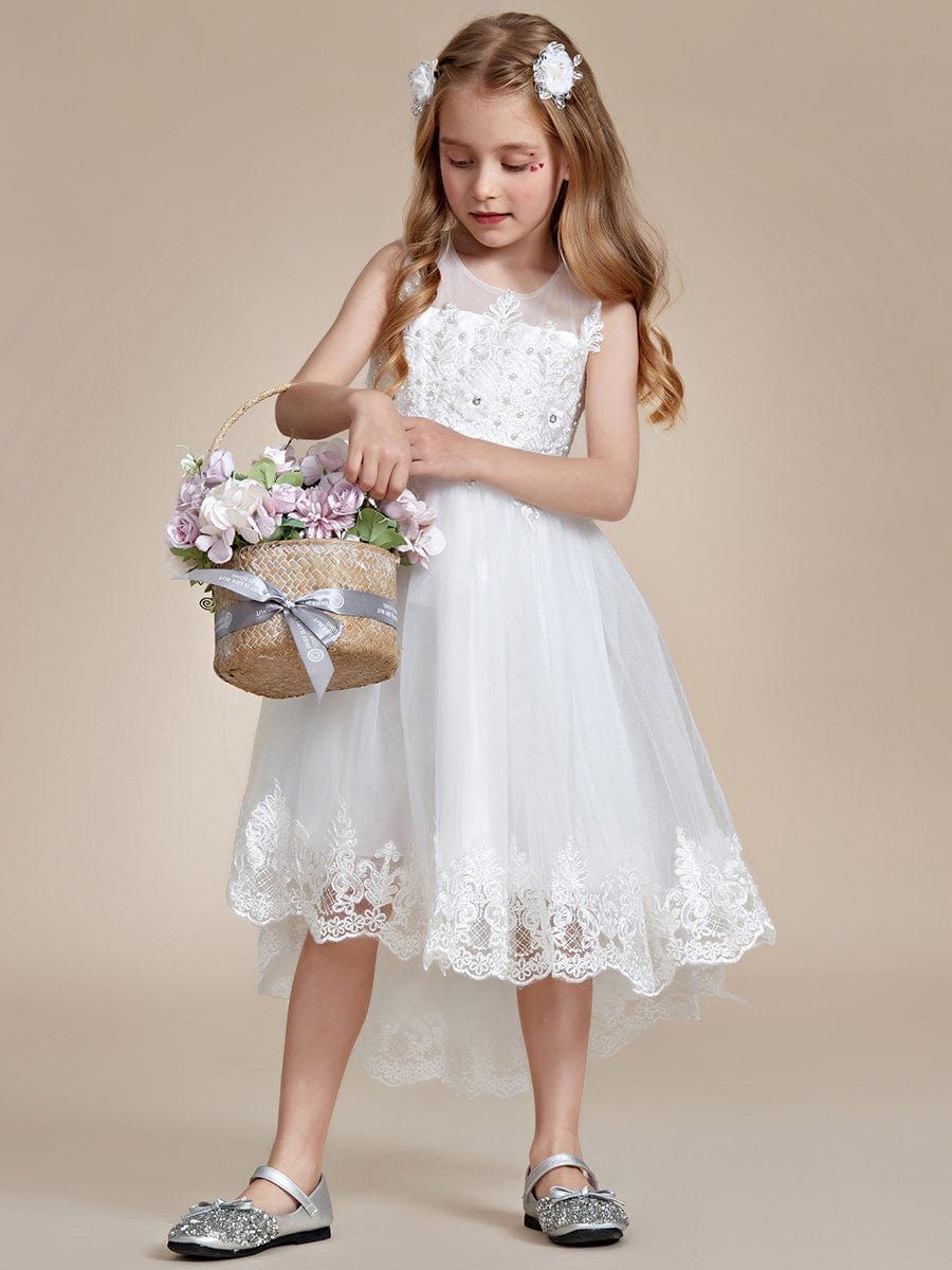 Stylish Lace High Low A-line Flower Girl Dress with Sleeveless #color_White Stylish Lace High Low A-line Flower Girl Dress with Sleeveless