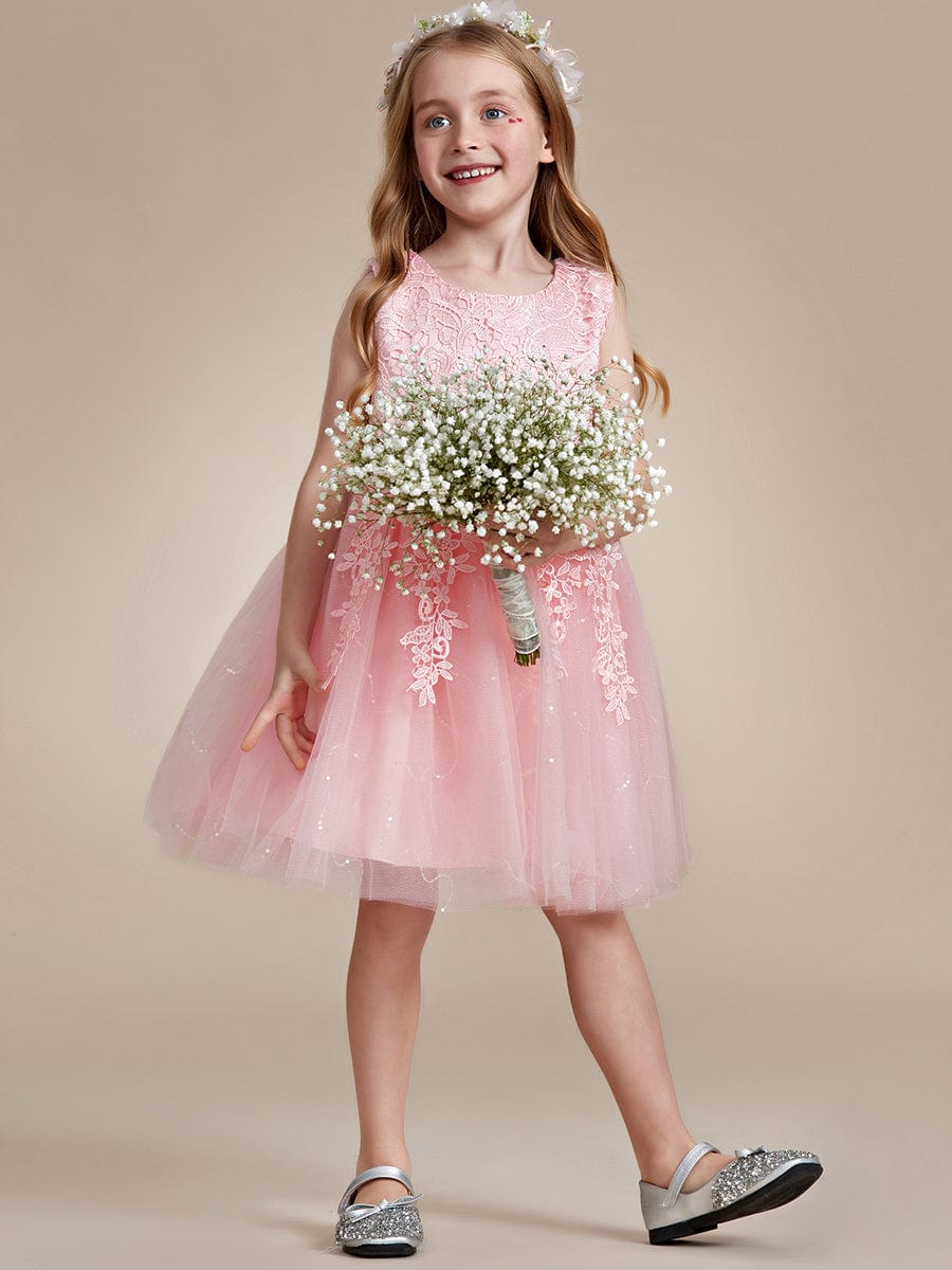 Elegant Lace Embroidered A-Line Flower Girl Dress with Bowknot and Sleeveless