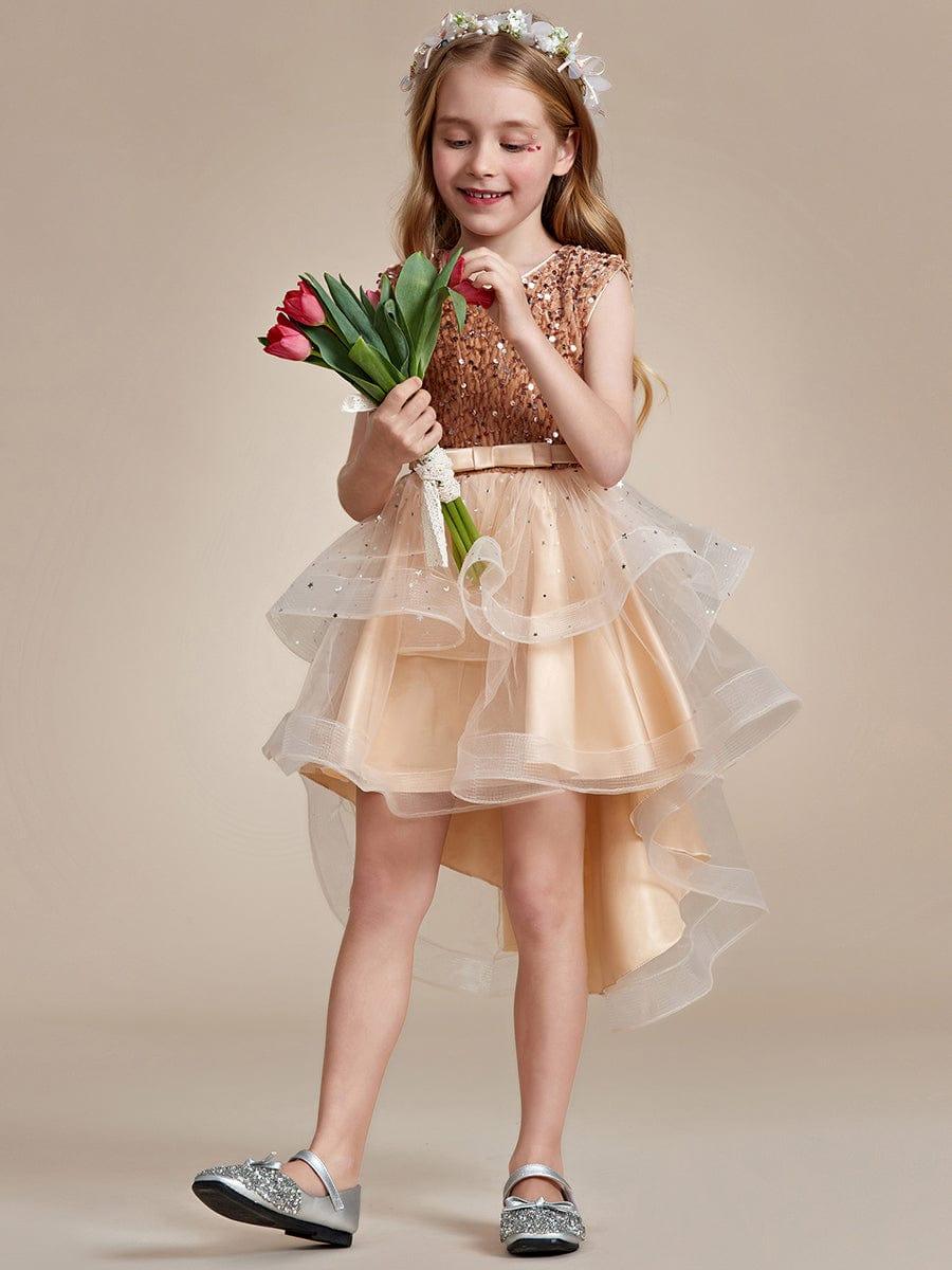 Sparkling Glitter High Low A-Line Sleeveless Multi-Layered Tulle Flower Girl Dress #Color_Charcoal