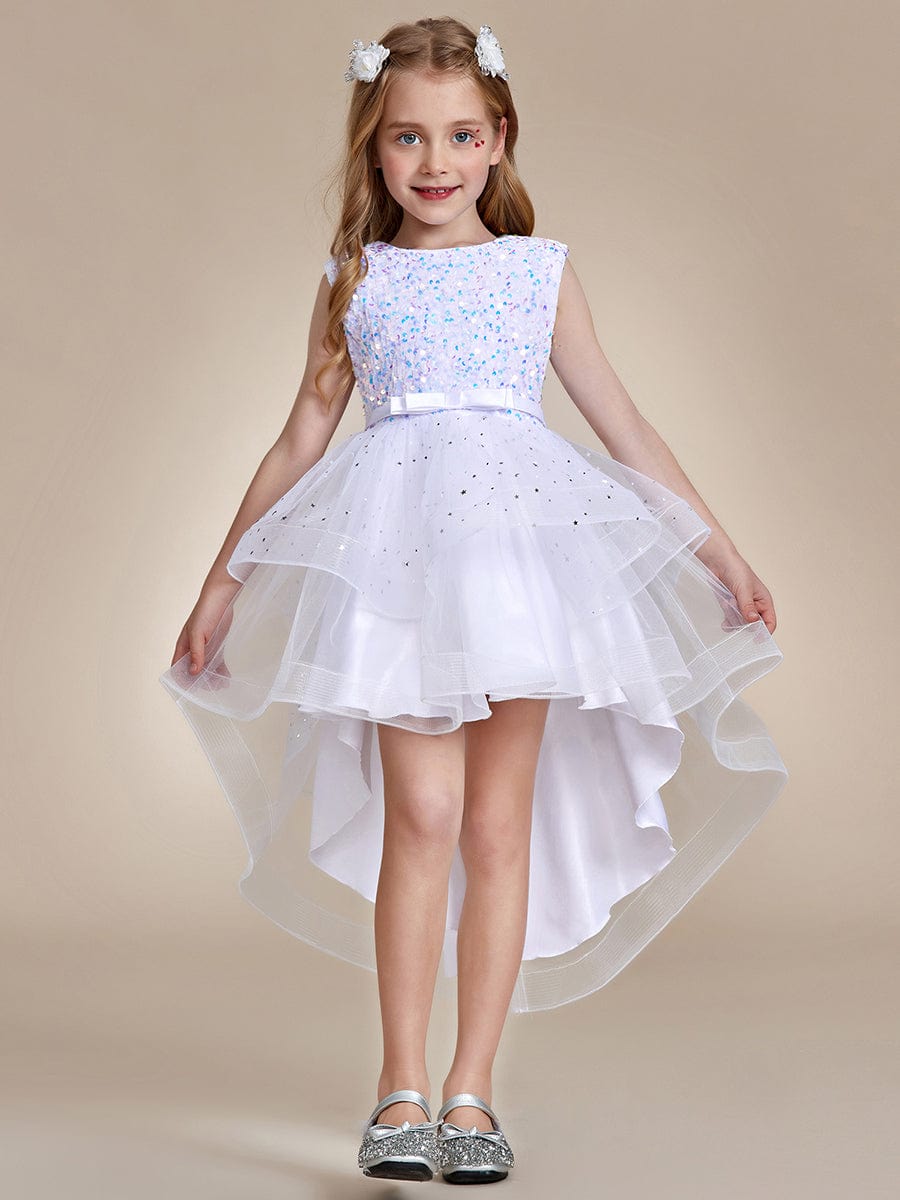 Sparkling Glitter High Low A-Line Sleeveless Multi-Layered Tulle Flower Girl Dress #Color_White